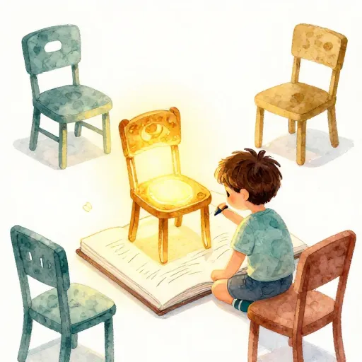 Un niño dibujando una silla perfecta y brillante.