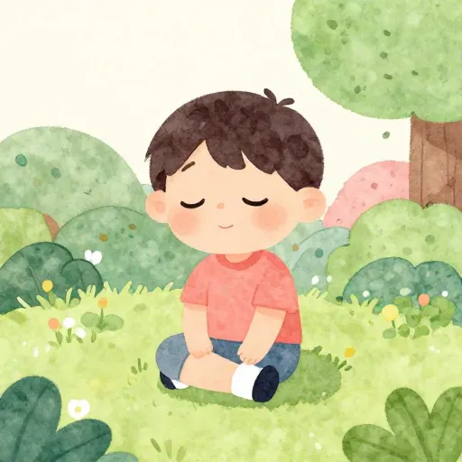 Un niño meditando en un jardín pacífico.