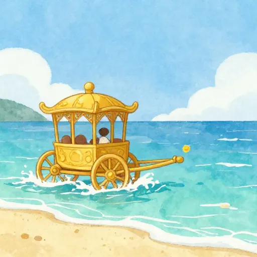 A golden chariot at the edge of the ocean.