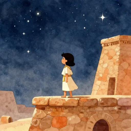 A child in ancient Mesopotamia looking at the stars from a temple top.