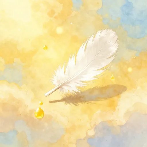 A feather falling through golden sunlight with wax droplets.
