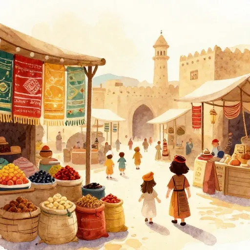 A colorful ancient market scene with spice bags and textiles.
