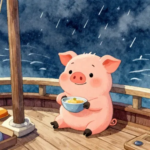 A peaceful pig on a storm-tossed ship.