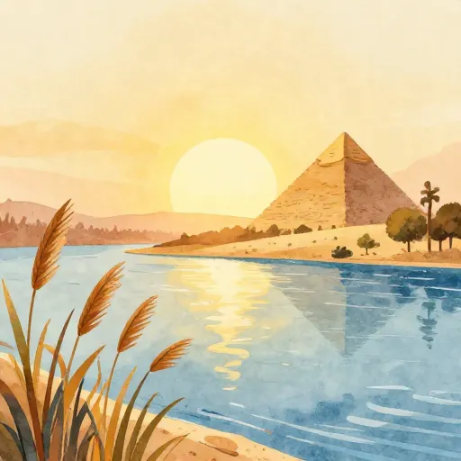 The sun rising over a river in Ancient Egypt.