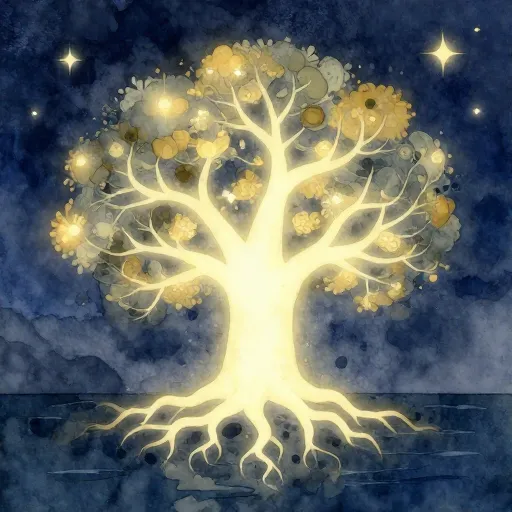 An illustration of the world tree Yggdrasil glowing with light.