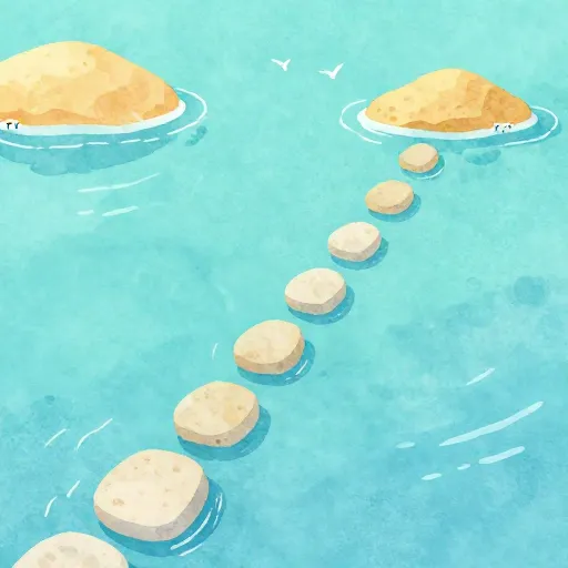 An illustration of a stone bridge connecting two landmasses across the sea.