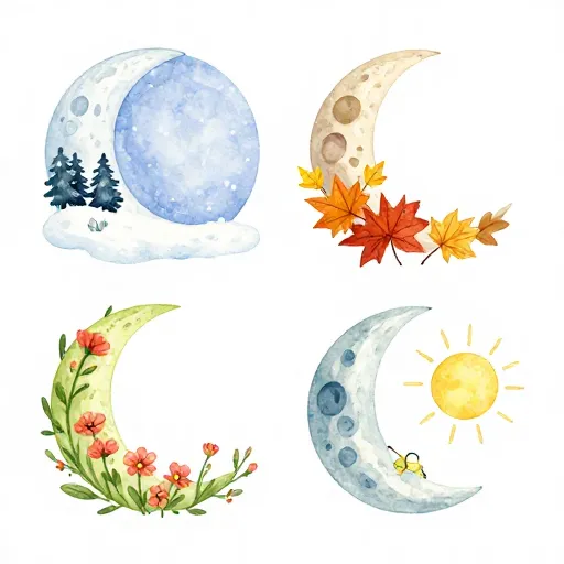 An illustration showing how the moon phases relate to different seasons on Earth.