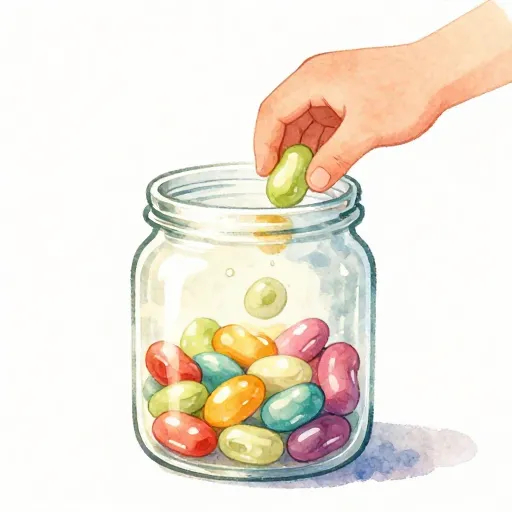 A child putting a colorful bean into a glass jar.