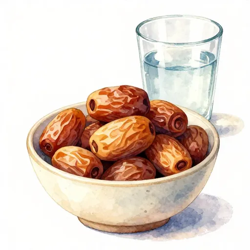 A bowl of dates and a glass of water on a decorated table.