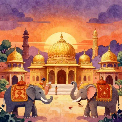A colorful illustration of an ancient Indian city with ornate buildings and a golden sunset.