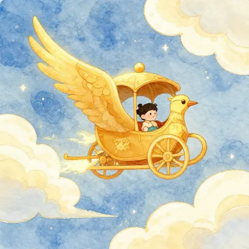 A mystical golden flying chariot traveling through a beautiful blue sky.