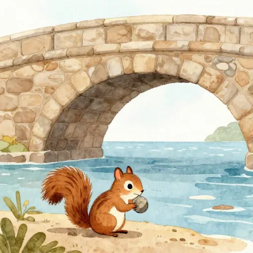 A small squirrel helping build a stone bridge by the sea.
