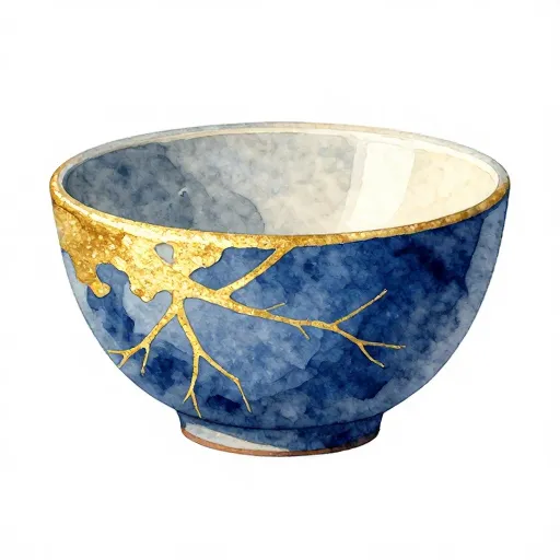 A Japanese ceramic bowl with gold repairs, illustrating Kintsugi.