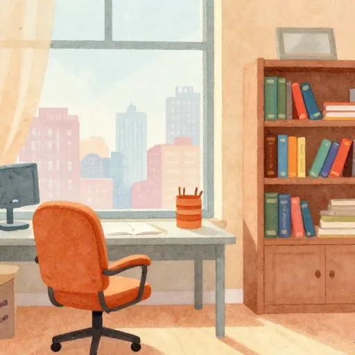 A cozy, vintage-style study with books and a view of a city.