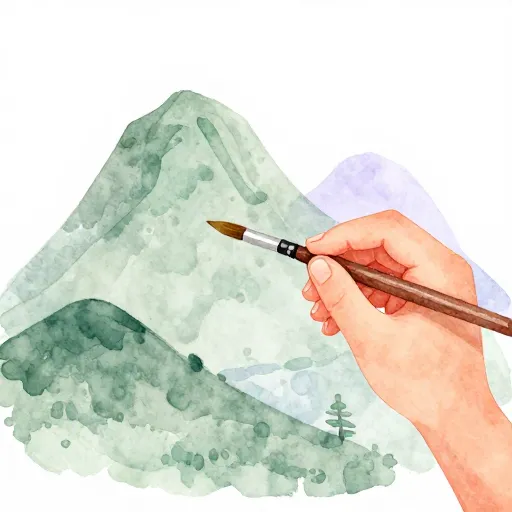 An illustration of someone painting a peaceful mountain landscape.