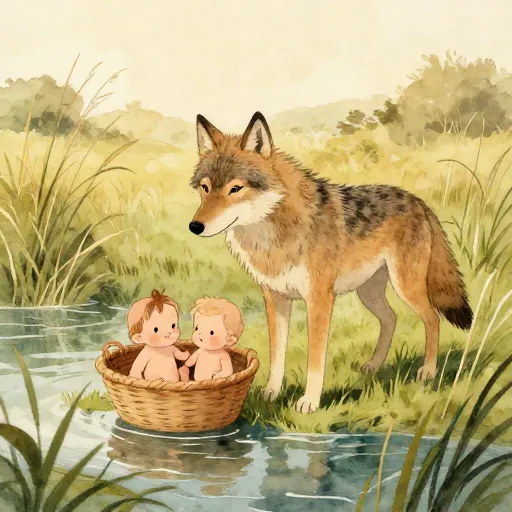 A soft watercolor painting of the she-wolf and the twins Romulus and Remus.