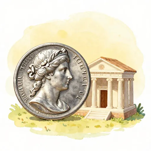 A Roman silver coin next to a classical temple.