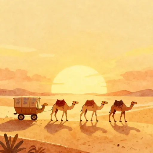 A watercolor painting of a camel caravan in the desert.