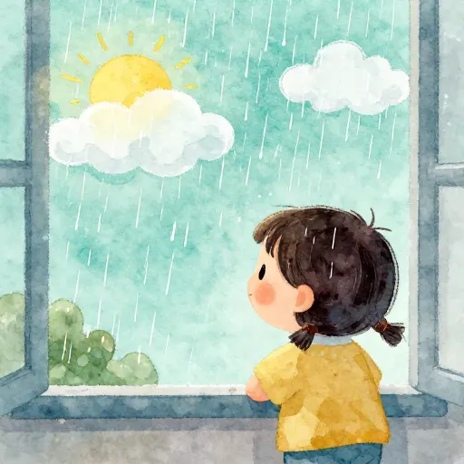 A child watching rain and sun through a window.