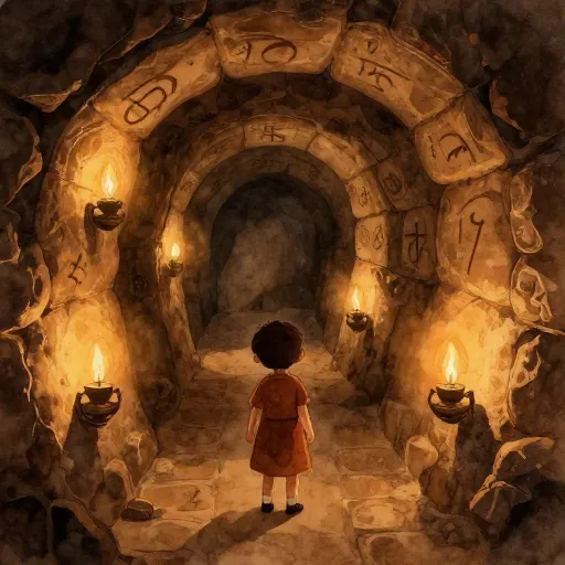 The inside of a dark, ancient catacomb lit by a small lamp.