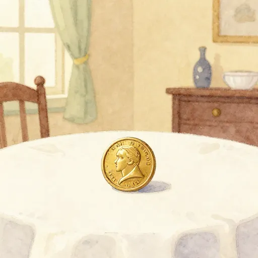 A gold coin on a restaurant table.