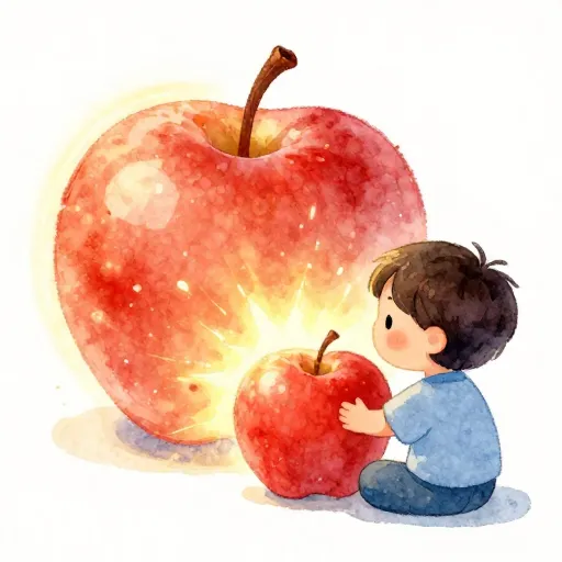 A child looking at an apple and its energy essence.