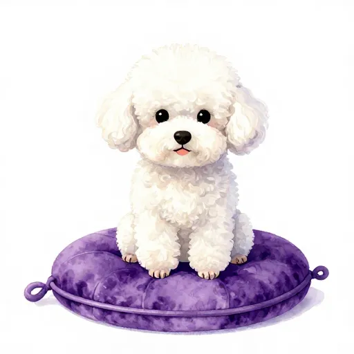 A fluffy white poodle on a cushion.