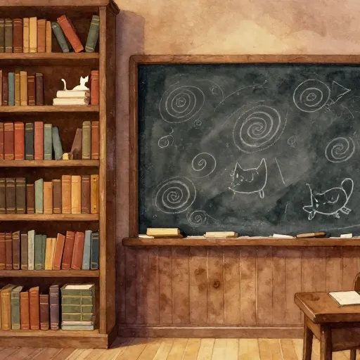 A cozy old-fashioned study with books and a chalkboard.