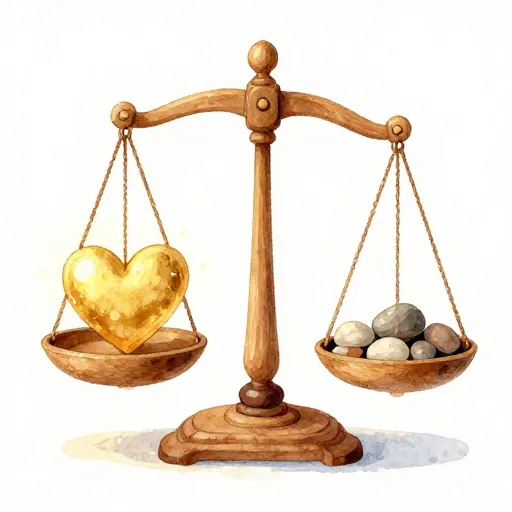 A golden heart being weighed on an old-fashioned scale.