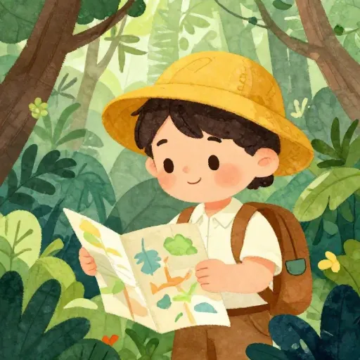 A young explorer looking calm while navigating a lush jungle.