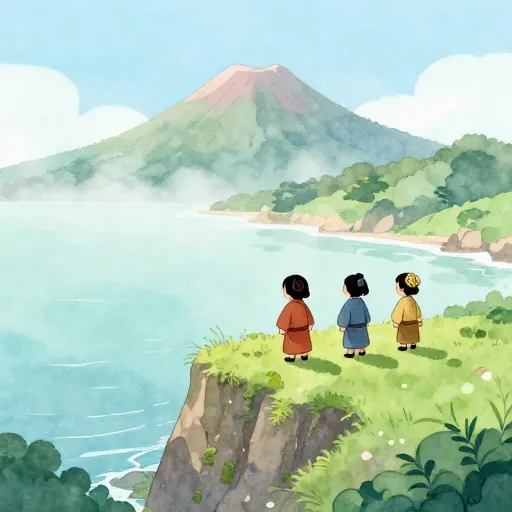 Ancient Japanese landscape with people looking out at the mountains.