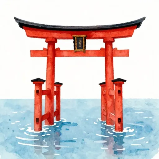 A red torii gate in the water.
