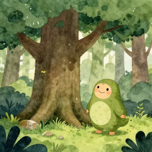 A friendly forest spirit next to a large tree.