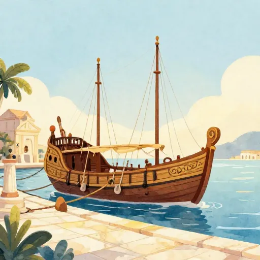 Un port grec antique ensoleillé avec un navire en bois.