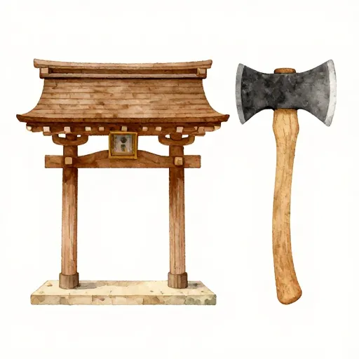 Une illustration d'un sanctuaire japonais et d'une hache de bûcheron.