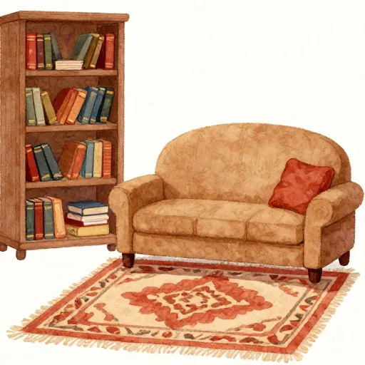 Un bureau confortable et démodé avec un canapé et de nombreux livres.