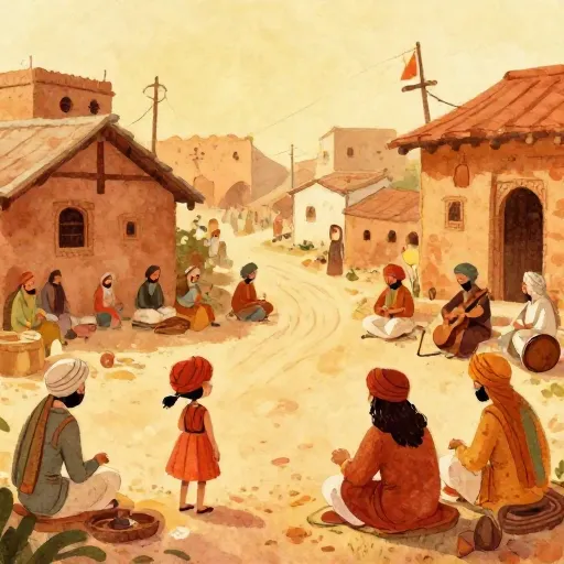 A peaceful scene of an ancient village in Punjab with people listening to music.