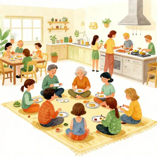 A group of diverse people sitting on the floor eating a meal together.
