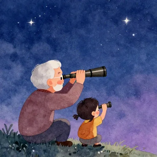 An old man and a child looking at the stars together.