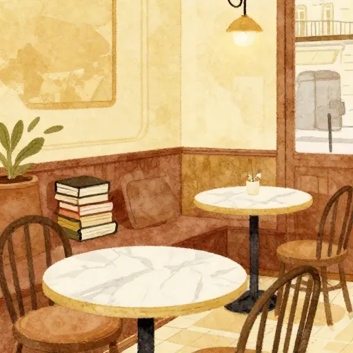 A cozy watercolor scene of a 1940s Parisian cafe.