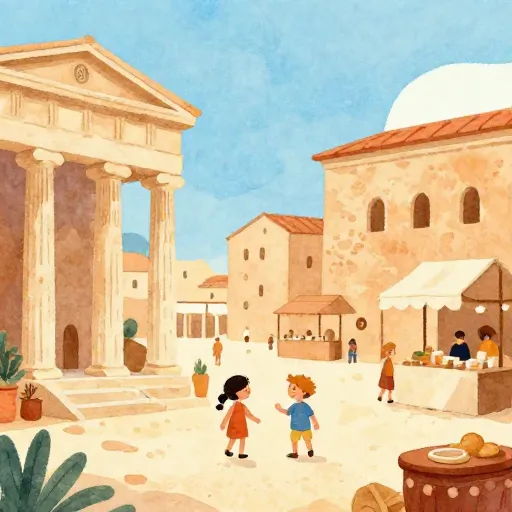 A watercolor illustration of a busy ancient Greek marketplace.