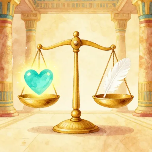 A golden scale with a heart on one side and a feather on the other.