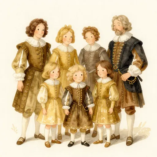 An illustration of a historical family where children are dressed in miniature versions of adult clothing.