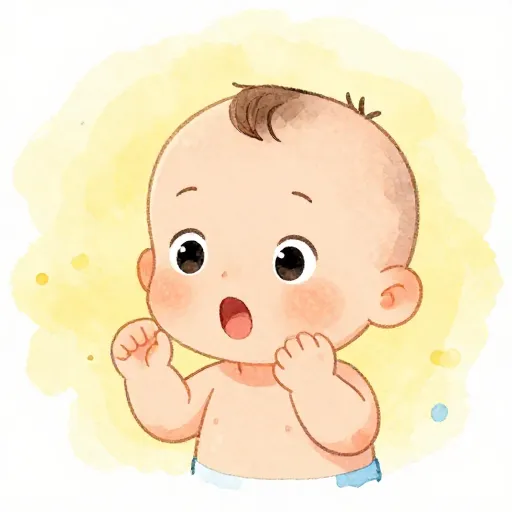 A baby looking surprised as a pair of hands moves away from a face.