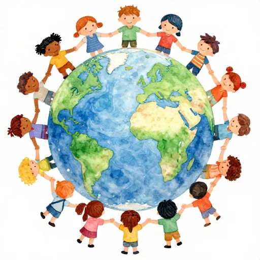 An illustration of children from different cultures holding hands around a globe.