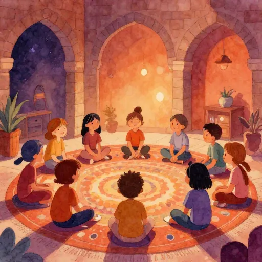 A group of people sitting in a peaceful circle in a traditional stone room.