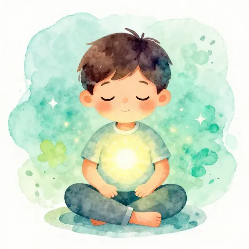 A child meditating peacefully with a glowing heart.