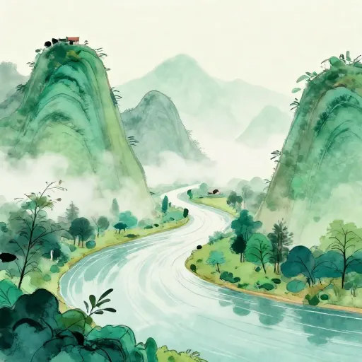 A watercolor painting of misty Chinese mountains and a river.