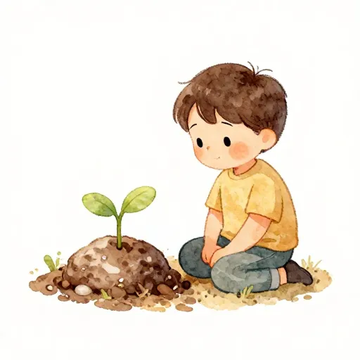 A watercolor illustration of a child observing a small plant.