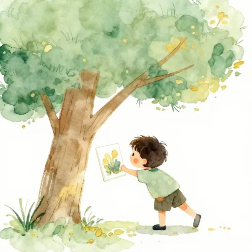 Un enfant imitant la forme d'un arbre dans un tableau